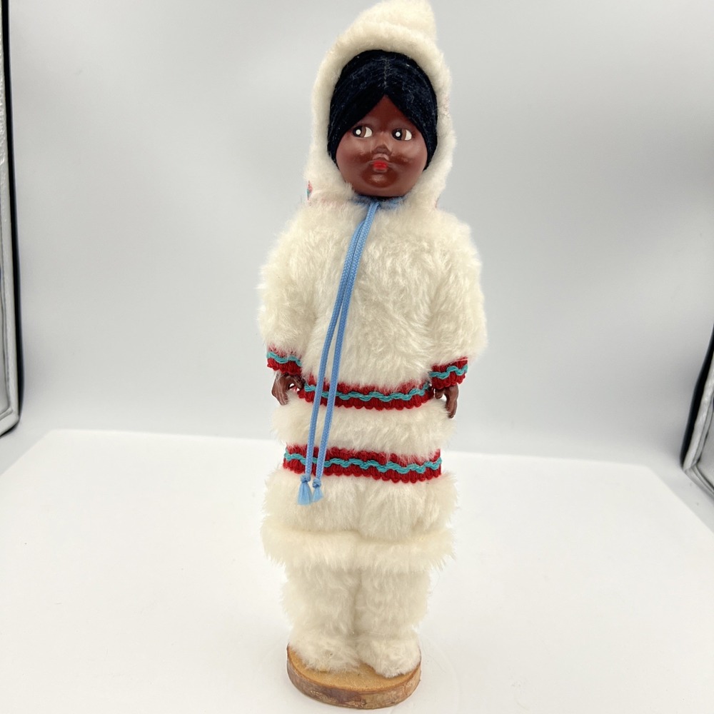 Vintage Eskimo‎ Doll Folk Art Wood Base Faux Fur Collectible